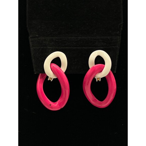 Monet Two Tone Color Block Enamel Hoop Clip On Earrings - Picture 2 of 6